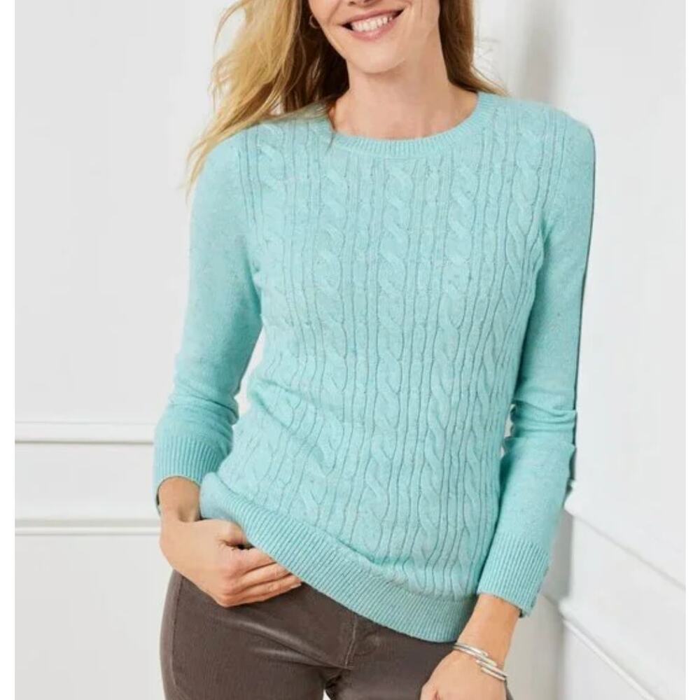 Talbots Womens S Petite Blue Cable Knit Crew Neck Lightweight Pullover Sweater